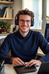 Wall Mural - A young, professional man wearing headphones works on a computer in an office environment.