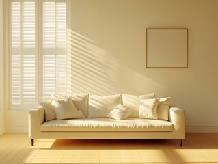 Wall Mural - A cozy modern couch set in a brightly lit sunroom with high ceiling and large windows.