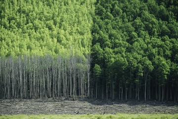 Poster - Contrast of deforestation and thriving forest emphasizes nature conservation efforts in preserved area. Generative AI