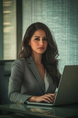 Wall Mural - A woman in a business suit working on her laptop in an office setting, focused on work tasks.