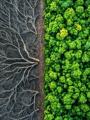 Poster - Contrast between deforested land with dead trees and lush green forest highlights the importance of nature conservation efforts. Generative AI