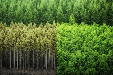 Poster - Contrast of deforested land with dead trees and thriving lush forest highlights importance of nature conservation efforts. Generative AI