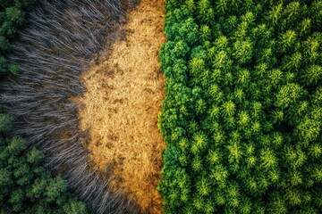 Poster - Contrast of deforestation and thriving forest showcases urgent need for nature conservation and environmental protection efforts. Generative AI
