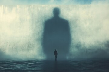 Wall Mural - Shadowy figure stands against a misty backdrop creating a dramatic visual at dawn