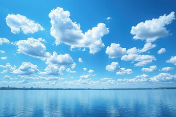 Wall Mural - Serene blue lake reflecting fluffy white clouds under a clear sky in late afternoon light