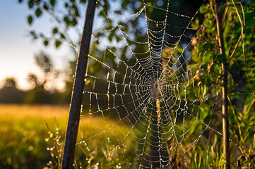 Wall Mural - spider web with dew drops