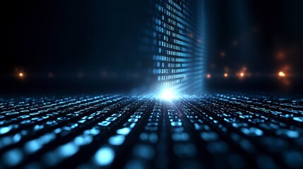 Abstract digital data stream, glowing blue particles forming binary code on dark background. Futuristic technology concept
