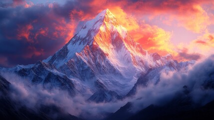 Wall Mural - Majestic snow-covered mountain peak at sunset with vibrant orange clouds. Natural beauty and adventure concept