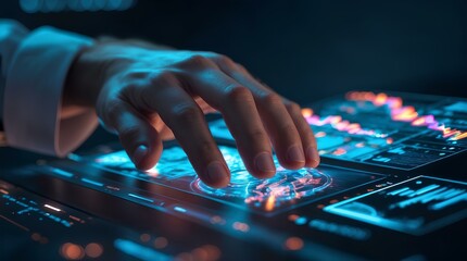 A hand interacts with a digital screen displaying financial charts and data for trading analysis