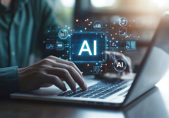 a person working on a laptop with an ai interface overlay