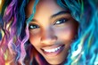 © R - Long haircut - multicolored hair. Lovely smiling mixed-race girl - for ads, lane poster ad and social media use. Commercial promotion visual idea. African beauty portrait advertising.