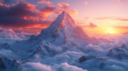 Wall Mural - Majestic snow-covered mountain peak at sunrise surrounded by clouds, vibrant sky. Nature landscape and adventure concept