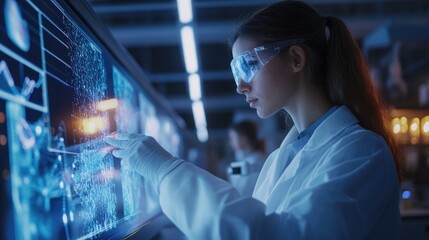 Scientist using futuristic touchscreen interface in lab. Analyzing data, glowing blue interface.