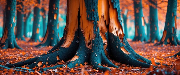 Wall Mural - vibrant forest scene highlighting damaged tree trunks with peeling bark amidst a colorful autumn set