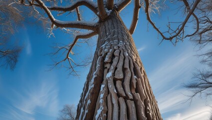 Wall Mural - Winter tree trunk reaching sky with snow and blue background showcasing nature's beauty and resilience in frosty conditions.