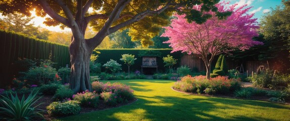 Wall Mural - serene garden landscape featuring majestic trees and vibrant flowers with space for text overlay