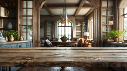 Wall Mural - Rustic wooden tabletop in a well-lit interior showcasing elegant decor and greenery, ideal for aesthetic and interior design themes.