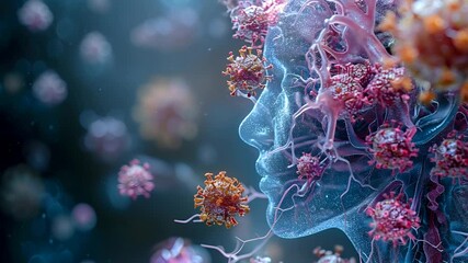 Poster - Virus Cells under microscope, Microbiome and Bacteria illness, Protein structure, Microbiology Infectious Disease, disease, infection, influenza epidemiology, HIV HPV