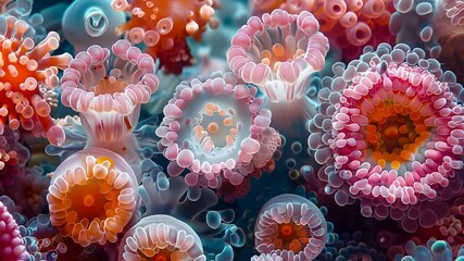 Poster - Virus Cells under microscope, Microbiome and Bacteria illness, Protein structure, Microbiology Infectious Disease, disease, infection, influenza epidemiology, HIV HPV