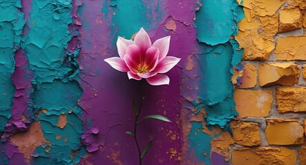 Wall Mural - abstract wall texture with vibrant blue and orange colors featuring a pink flower, ideal for artisti