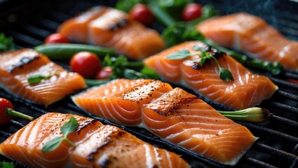 Poster - Grilled Salmon Fillets with Fresh Vegetables on Barbecue Grill Close Up Culinary Delight for Healthy Eating and Outdoor Cooking