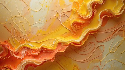 Wall Mural - abstract orange and yellow textured painting with delicate line art conveying warmth and fluidity in