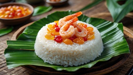 Poster - Traditional Thai dessert with sweet sticky rice topped with shrimp and colorful fruits on a pandan leaf, served on a wooden plate.