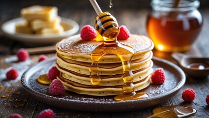 Canvas Print - Delicious fluffy pancakes drizzled with golden honey and garnished with fresh raspberries on rustic wooden table