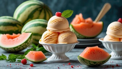 Canvas Print - Refreshing Summer Dessert Bowl with Melon Ice Cream and Fresh Watermelon Slices on a Stylish Table Setting