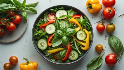 Poster - Vibrant Vegetarian Salad Featuring Fresh Vegetables Basil Cherry Tomatoes Cucumbers and Peppers Ideal for Healthy Eating and Summer Dishes