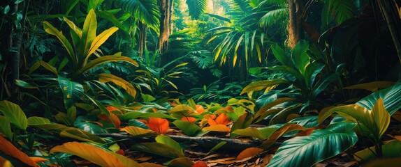 Wall Mural - lush tropical jungle floor with vibrant leaves and copy space for text in a serene natural setting