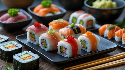 Poster - Sushi Platter with Assorted Rolls and Ingredients on Wooden Table in Elegant Presentation