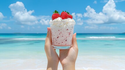 Wall Mural - A refreshing strawberry smoothie on a tropical beach, held in hands against a vibrant ocean backdrop.