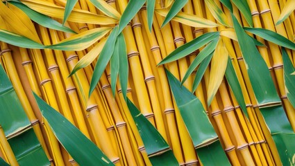 Poster - Macro shot of vibrant yellow bamboo fan texture with green leaves creating a seamless and natural design suitable for backgrounds or decor.