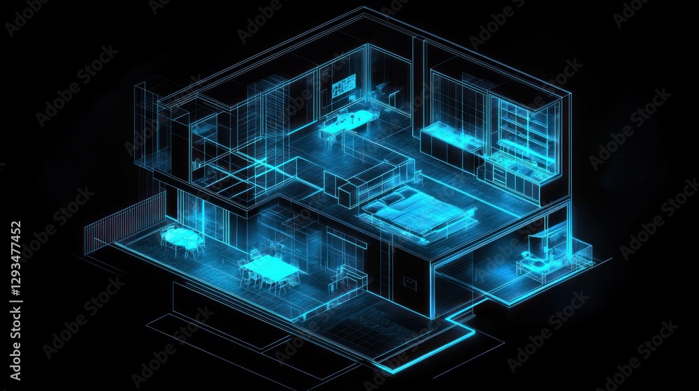 Smart home 3D model, interior design, night view, digital blueprint ...