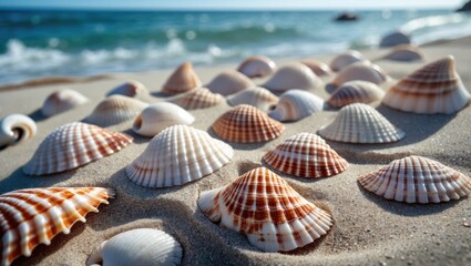 Wall Mural - beautiful seashells scattered on sandy beach with soft waves in background creating a serene coastal
