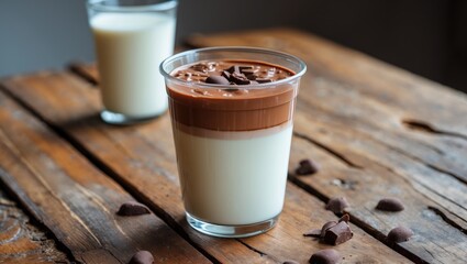 Canvas Print - Layered chocolate milk dessert in a clear plastic cup on a rustic wooden table with chocolate chips scattered around.