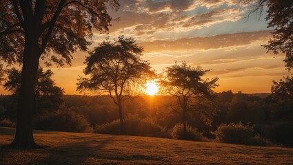 Wall Mural - Serene Sunset Over Landscape with Silhouetted Trees and Soft Light Ideal for Text Overlay or Background Use