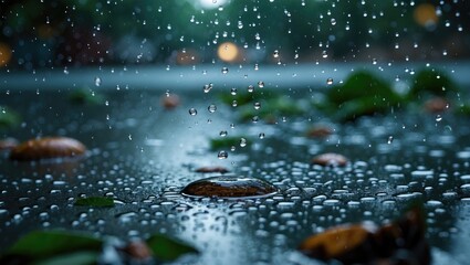 Wall Mural - raindrops on a tranquil surface showcasing nature's beauty with reflections and vibrant leaves follo