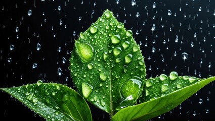 Wall Mural - close-up of fresh green leaves adorned with raindrops against a black background highlighting nature