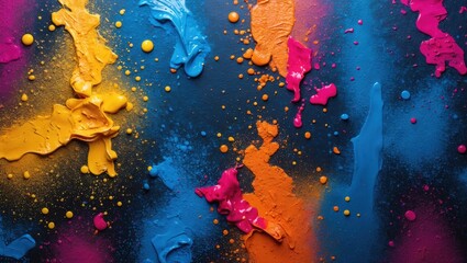 Wall Mural - vibrant abstract spray paint texture on dark background with splashes of yellow, blue, pink, and ora