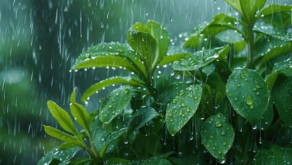 Wall Mural - vibrant green leaves covered in raindrops with cascading rain creating a serene and refreshing natur