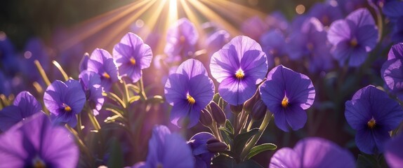 Wall Mural - purple night violet flowers blooming in sunlight with soft rays illuminating the garden creating a s