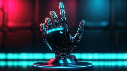 Cyberpunk robotic hand neon light futuristic technology digital art 3d red blue glow dark metal