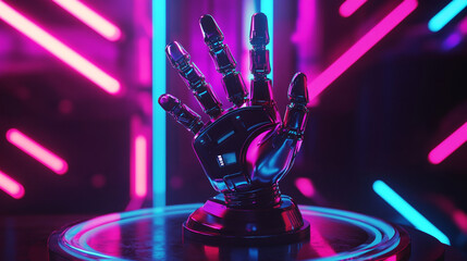 Cyberpunk robotic hand neon lights futuristic technology digital art 3d pink blue glow dark metal