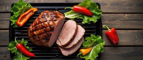 Wall Mural - Grilled Pork Roast Sliced with Fresh Lettuce and Colorful Peppers on Wooden Surface Top View with Blank Space for Your Text