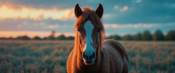 Wall Mural - majestic wild pony portrait in evening glow with expansive background space for text and design elem