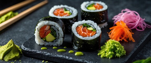 Poster - Gourmet Sushi Rolls on Slate Board with Ginger Wasabi and Fresh Vegetables in Elegant Presentation for Culinary and Food Photography