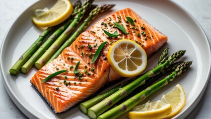 Wall Mural - Grilled Salmon Fillet with Fresh Asparagus and Lemon Slices on a White Plate Delicious Meal Presentation from Above