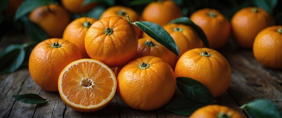 Canvas Print - Fresh Tangerines with Green Leaves on Rustic Wooden Surface Artistic Still Life of Citrus Fruits